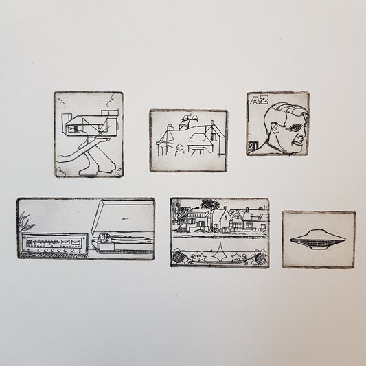 6 mini etchings on 1 sheet